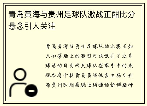 青岛黄海与贵州足球队激战正酣比分悬念引人关注
